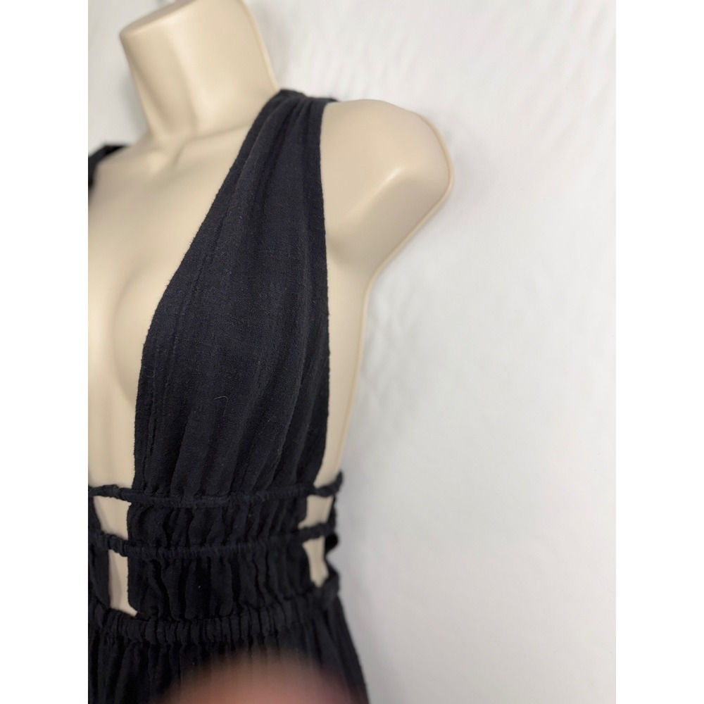 L*SPACE That Feel Good Fit Black Cotton Gauze Deep V-Neck Smocked Maxi Dress S/P - Picture 4 of 9